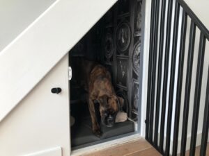 Bench, Hondenslaapkamer, hondenhok, deur, trap, staal, maatwerk, Siebendesign, stalendeur, hondenbench, dierenliefde, op maat gemaakt.