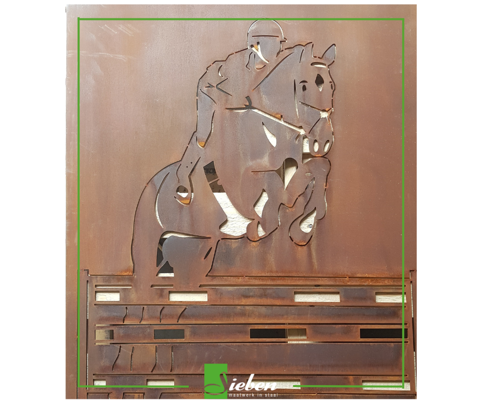 Foto uit Corten staal, paardensport, Fotobewerking, sportfoto, Springpaard, dressuur, paarden, indoor brabant, jumping indoor maastricht, jumpingamsterdam by Siebendesign.nl