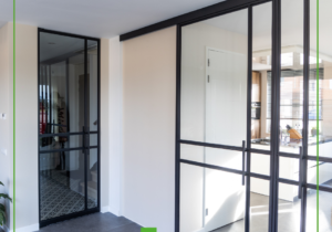 Stalen deuren, scheidingswand, staal en glas schuifdeur voor kast by Siebendesign.nl